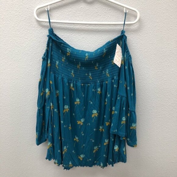 NWT Free People Blue Lana Off the Shoulder Smocked Babydoll Top Size Small S - Picture 7 of 8